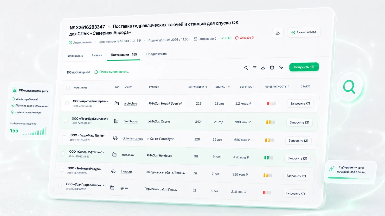 Поиск и проверка поставщиков для позиций тендера в Sdelka