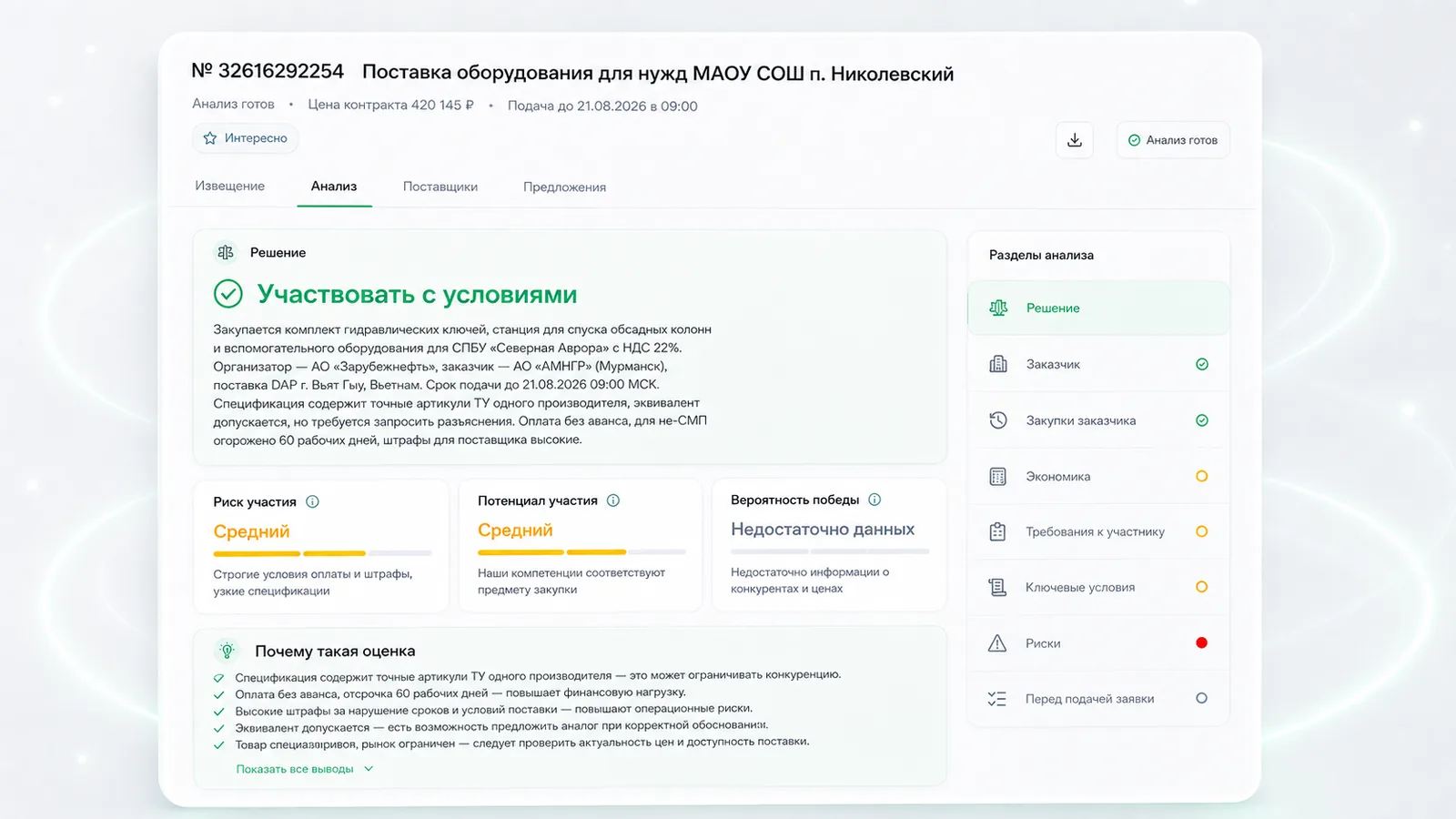 ИИ-анализ документации, рисков и условий тендера в Sdelka